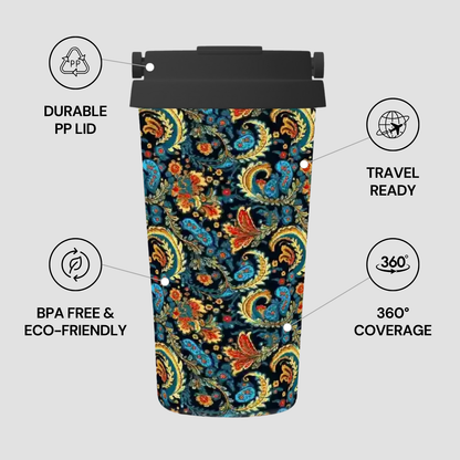 Travel mug with colorful paisley design and features listed on a light gray background
