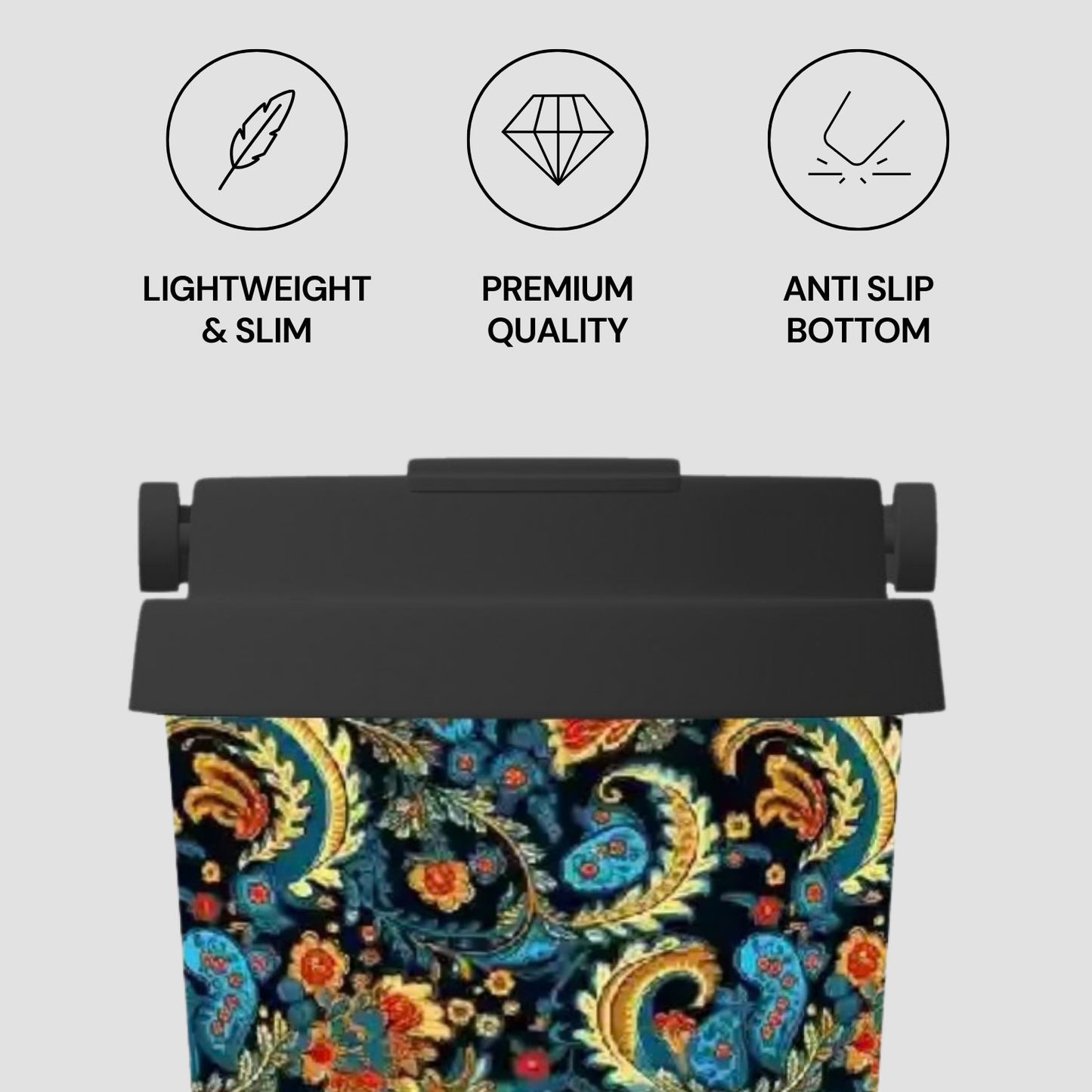 Patterned mat with black roller and features listed on a light gray background