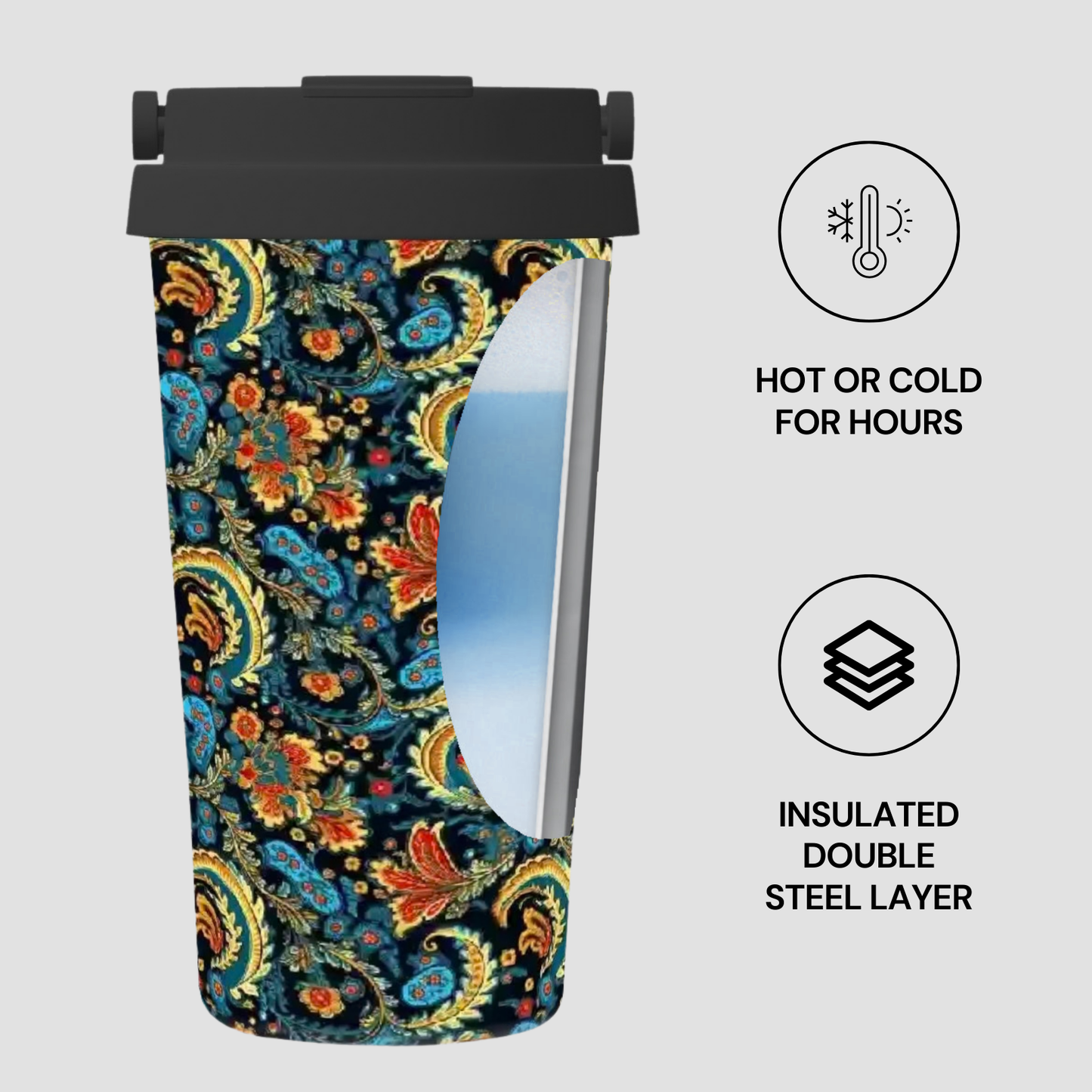 Colorful paisley-patterned tumbler with insulated design features on a light gray background