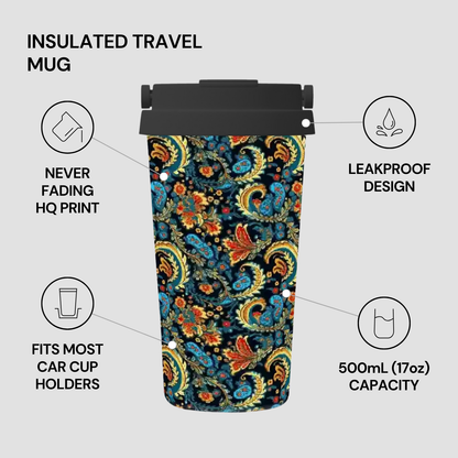 Insulated travel mug with colorful paisley pattern on a gray background