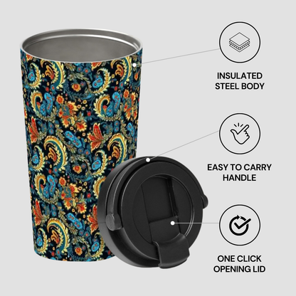 Colorful paisley-patterned tumbler with black lid on a white background