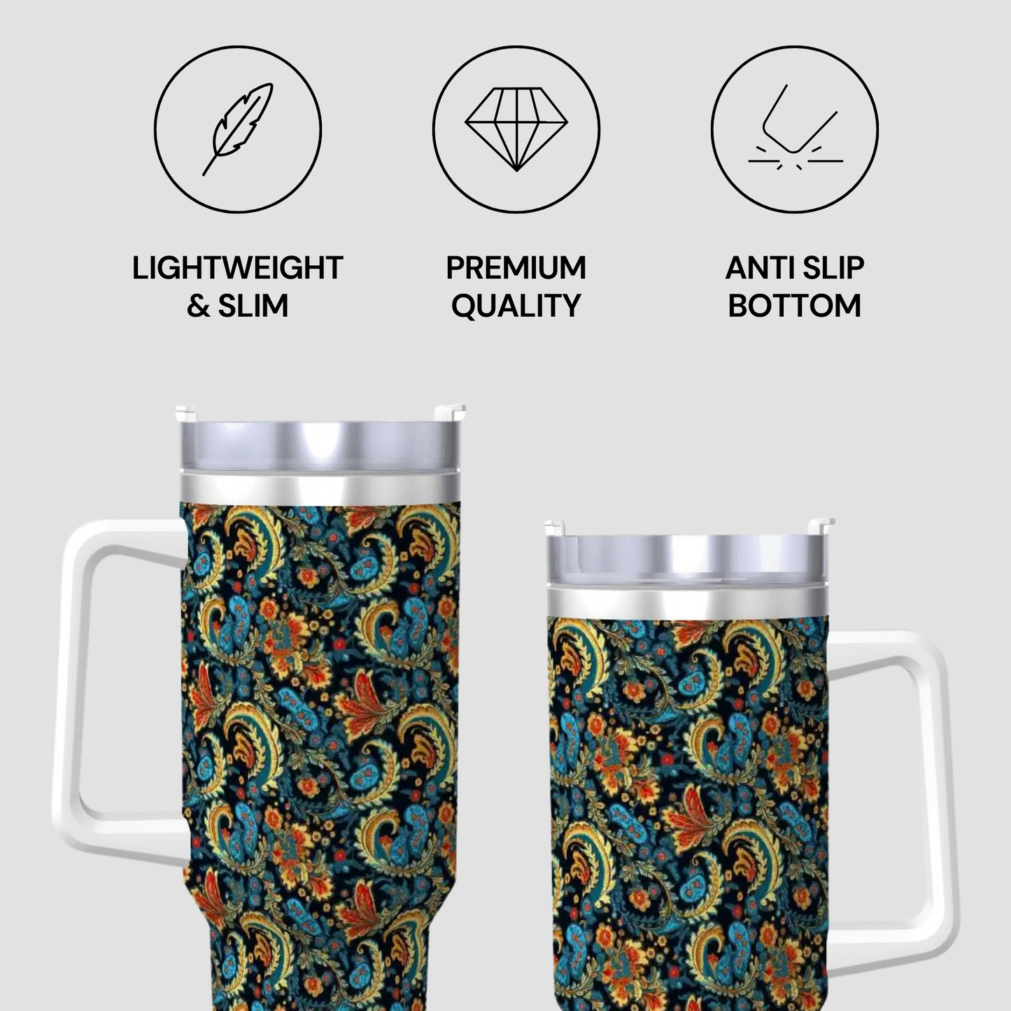 Two patterned tumblers with features listed on a light gray background