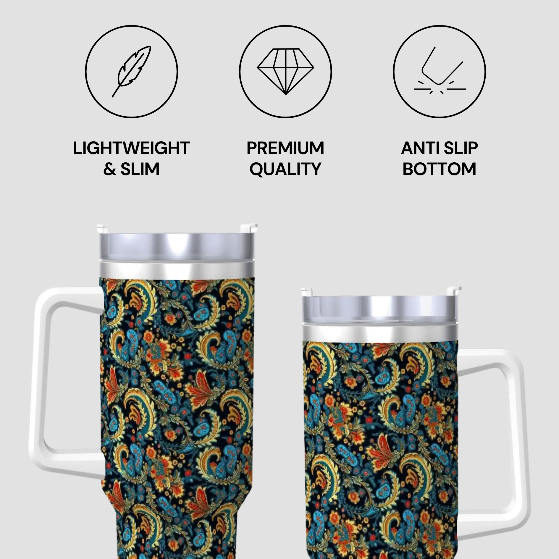Two patterned tumblers with features listed on a light gray background