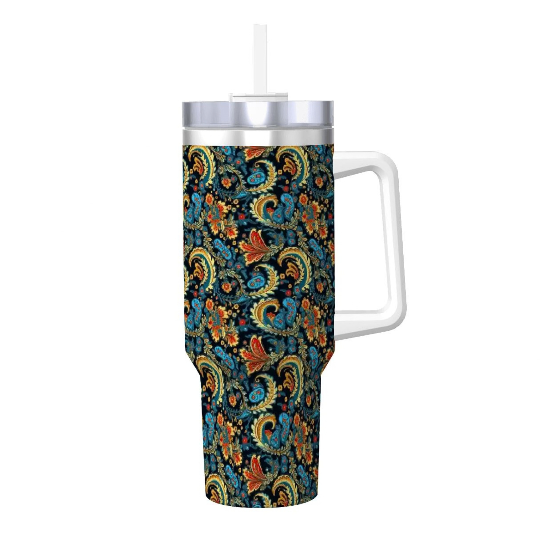 Tumbler with floral pattern and handle on a white background