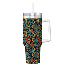 Tumbler with floral pattern and handle on a white background