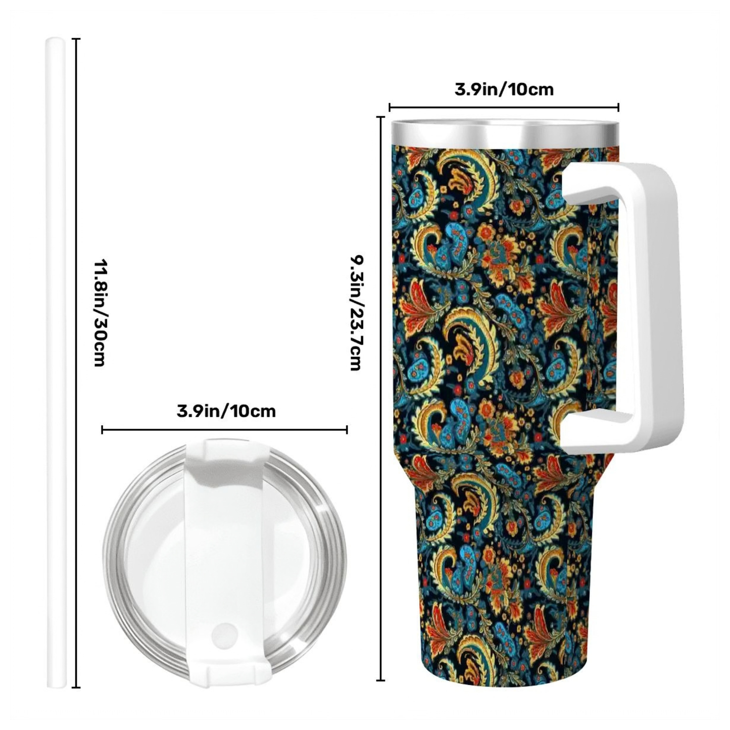 Multicolored patterned tumbler with handle and lid, shown with measurements on a white background.
