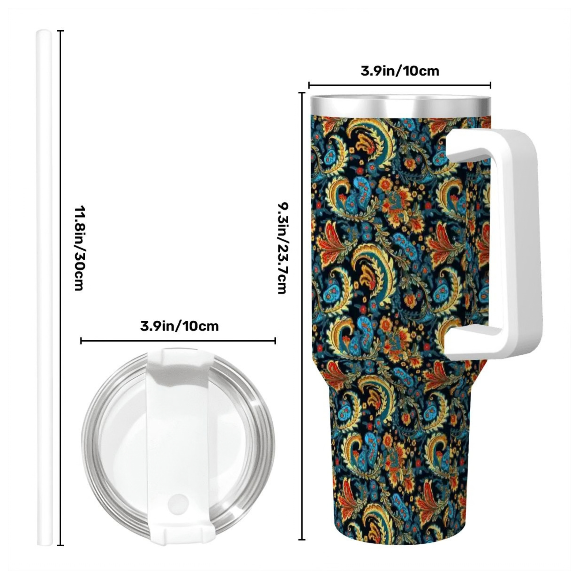 Multicolored patterned tumbler with handle and lid, shown with measurements on a white background.