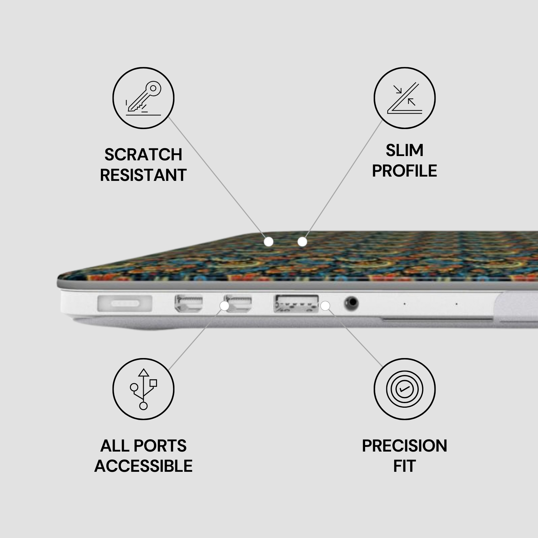 Laptop with features labeled as scratch resistant, slim profile, all ports accessible, and precision fit on a light gray background.