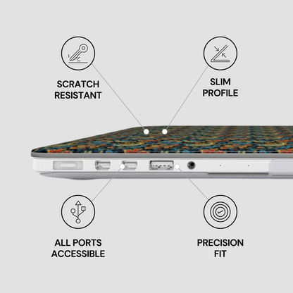 Laptop with features labeled as scratch resistant, slim profile, all ports accessible, and precision fit on a light gray background.