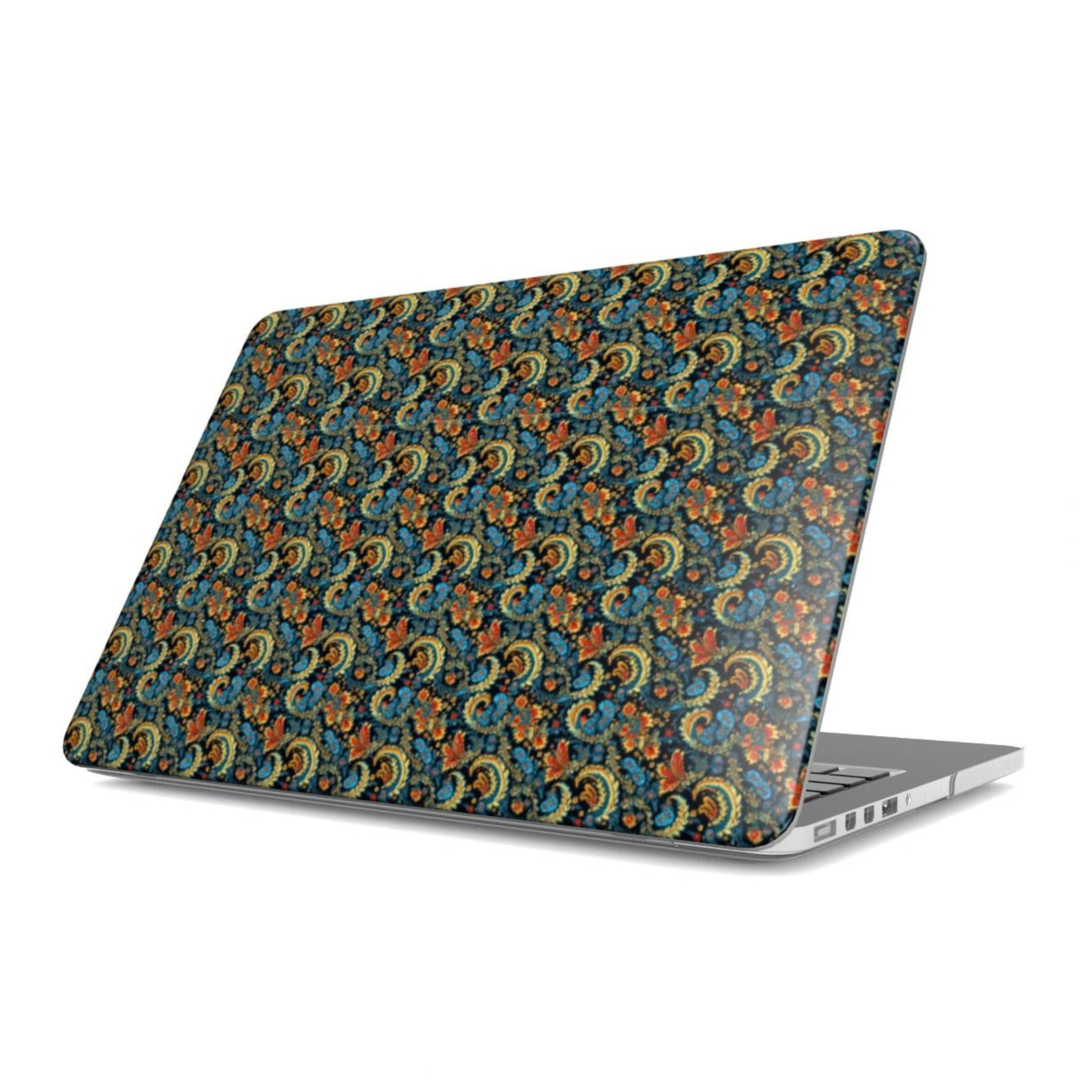 Laptop with a colorful patterned cover on a white background