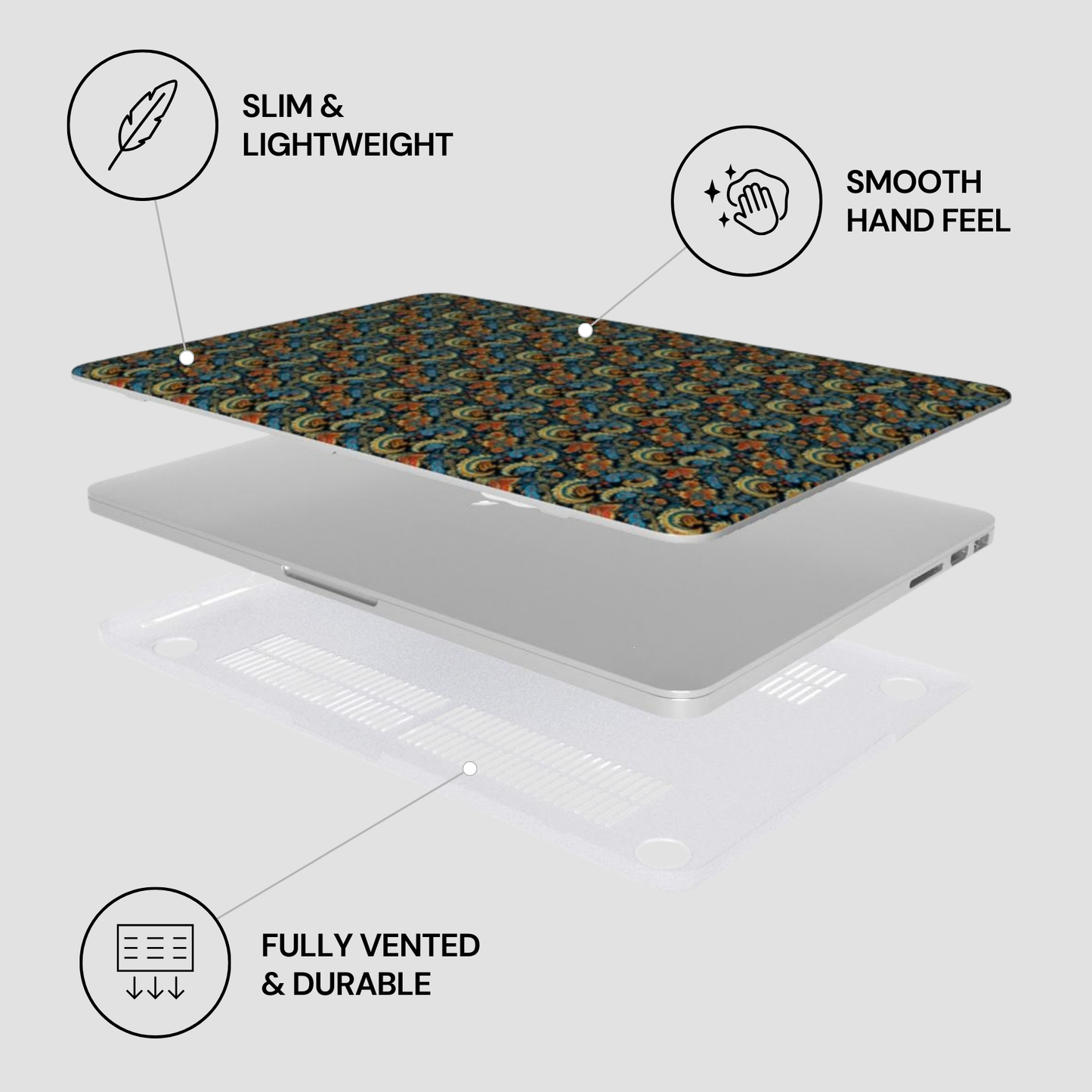 Laptop with patterned skin on a white background, featuring icons and text about product features.