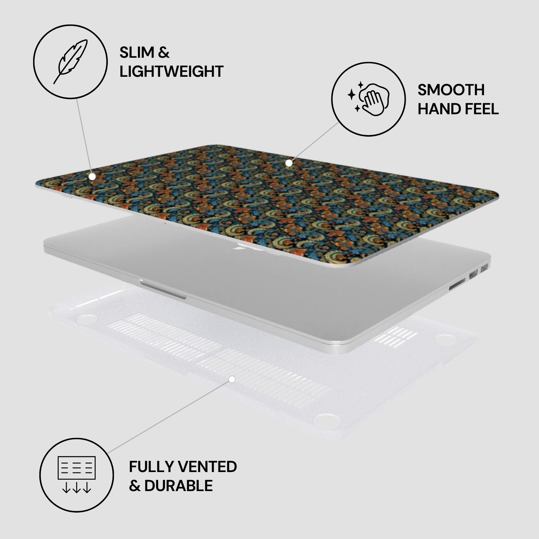 Laptop with patterned skin on a white background, featuring icons and text about product features.