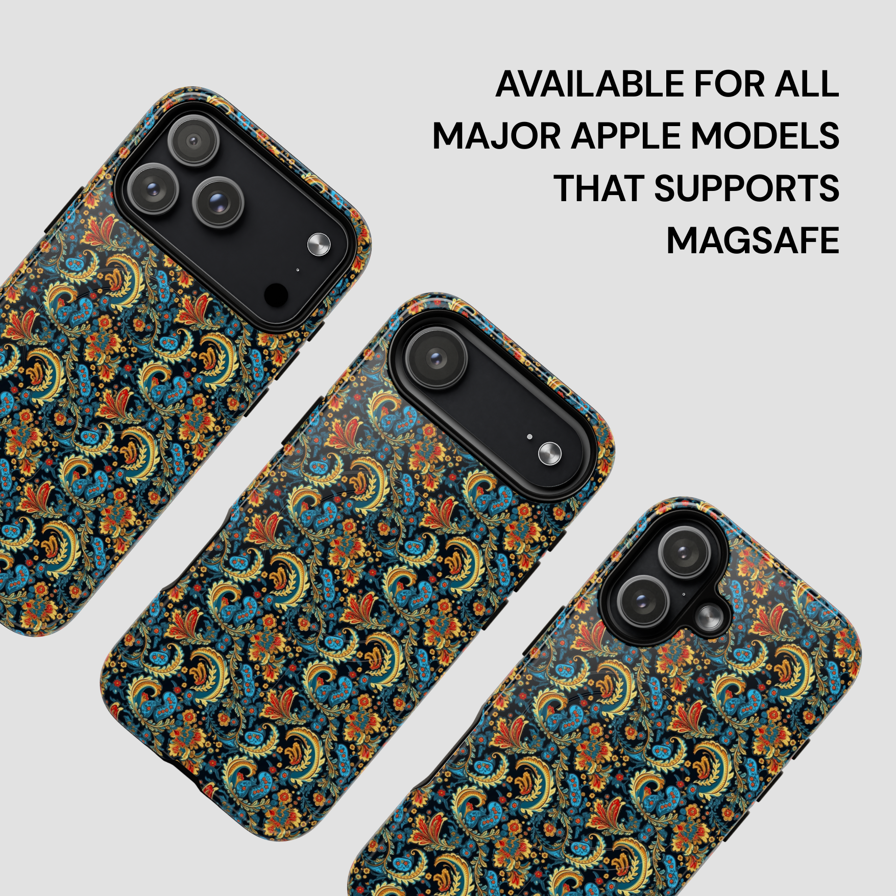Patterned phone case with text indicating compatibility for Apple models supporting MagSafe.