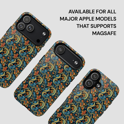 Patterned phone case with text indicating compatibility for Apple models supporting MagSafe.