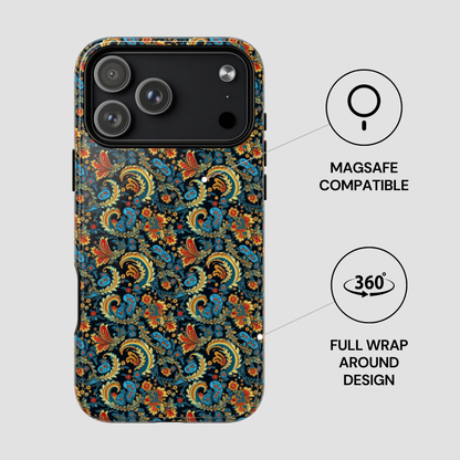 Phone case with floral pattern and Magsafe compatibility on a gray background