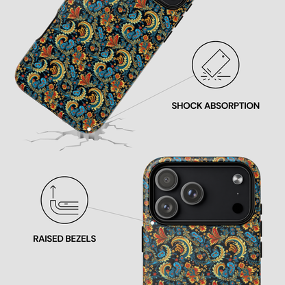 Phone case with floral pattern and features highlighted on a white background