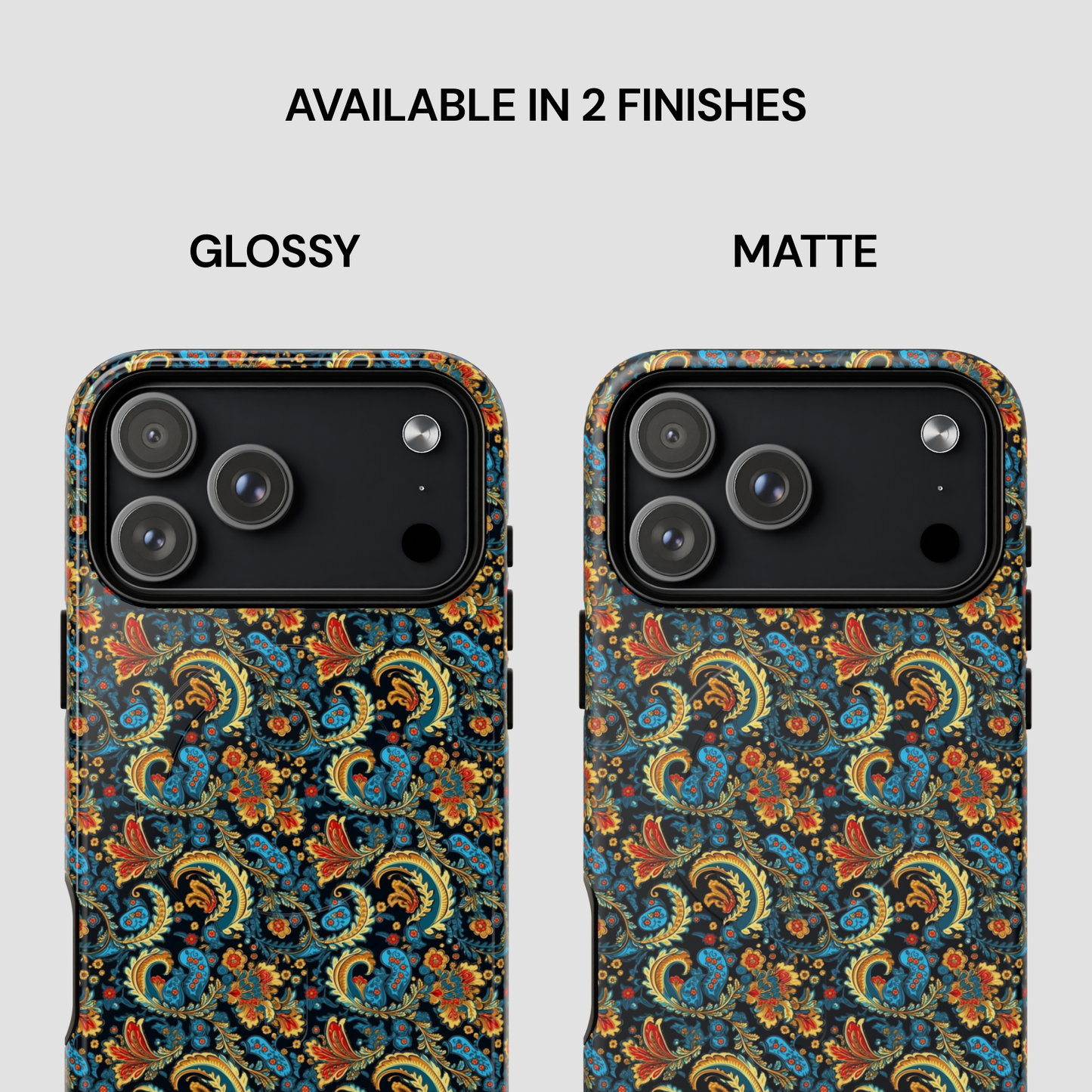 Two phone cases with a floral pattern, one glossy and one matte, on a light gray background.