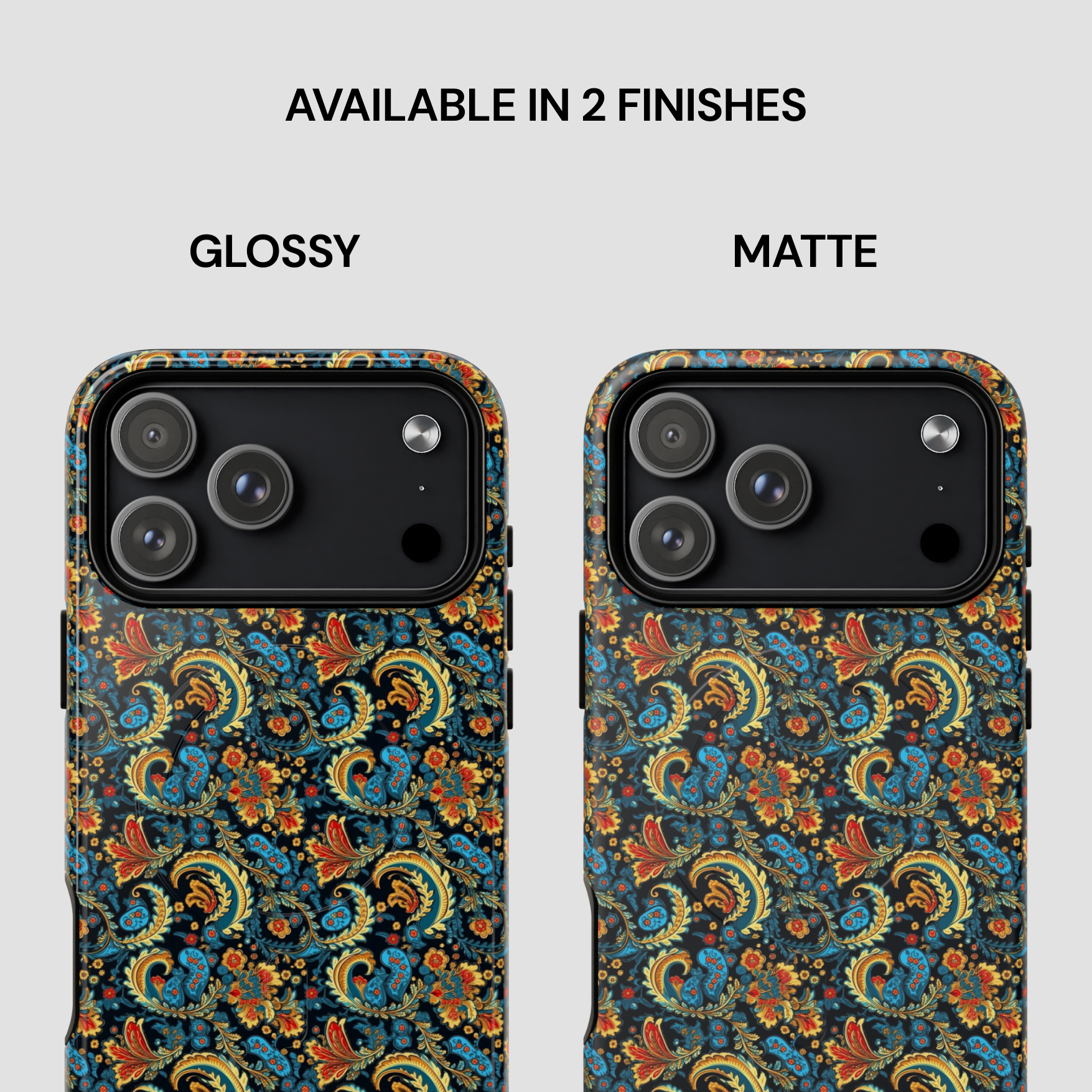 Two phone cases with a floral pattern, one glossy and one matte, on a light gray background.