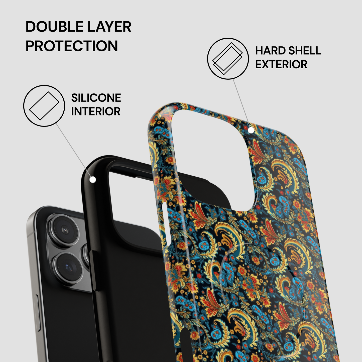 Phone case with floral design and text highlighting double layer protection on a gray background