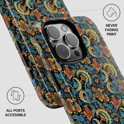 Phone case with colorful paisley pattern on a light gray background