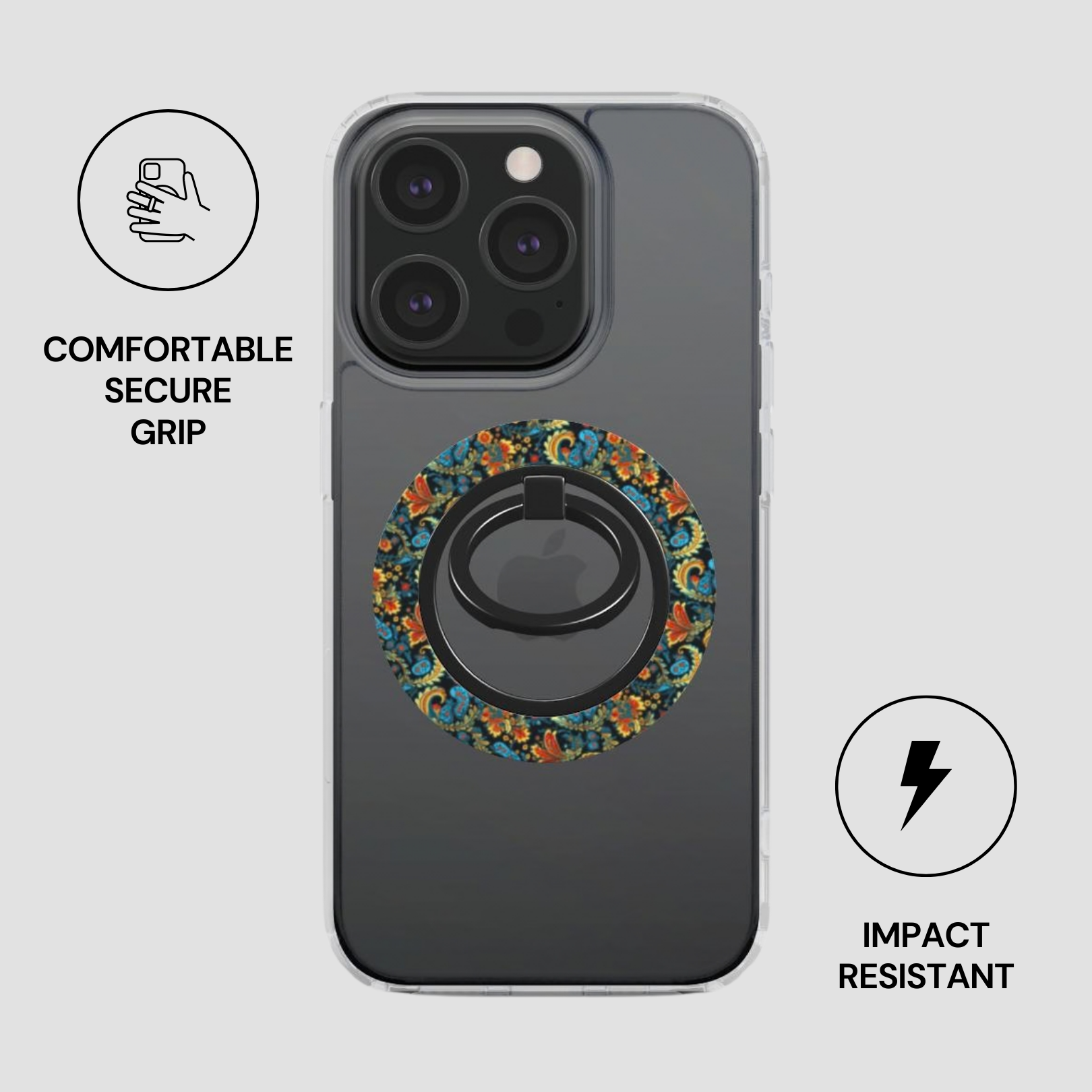 Phone case with floral design ring holder on a gray background