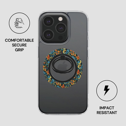 Phone case with floral design ring holder on a gray background