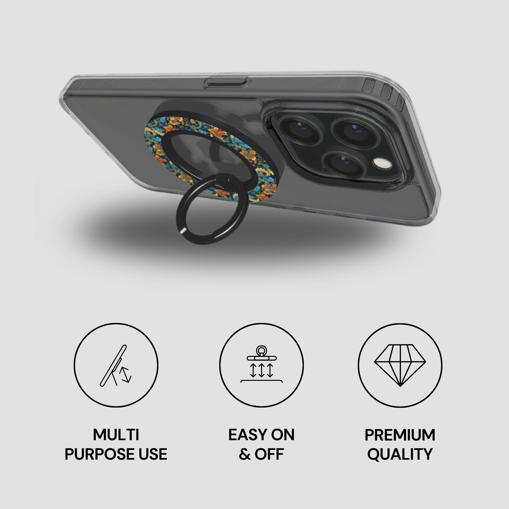 Phone case with ring holder and features on a gray background