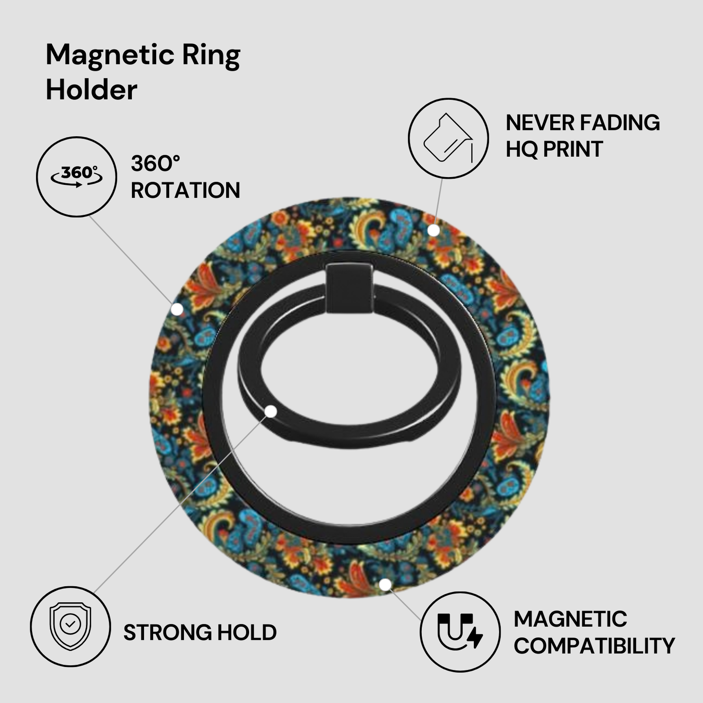 Magnetic ring holder with colorful design on a white background, featuring text labels about its features.