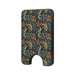 Obsidian Bloom Magnetic Wallet with intricate floral and paisley-inspired pattern in black, blue, gold, and orange-red