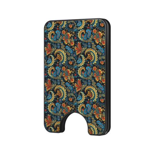 Obsidian Bloom Magnetic Wallet with intricate floral and paisley-inspired pattern in black, blue, gold, and orange-red