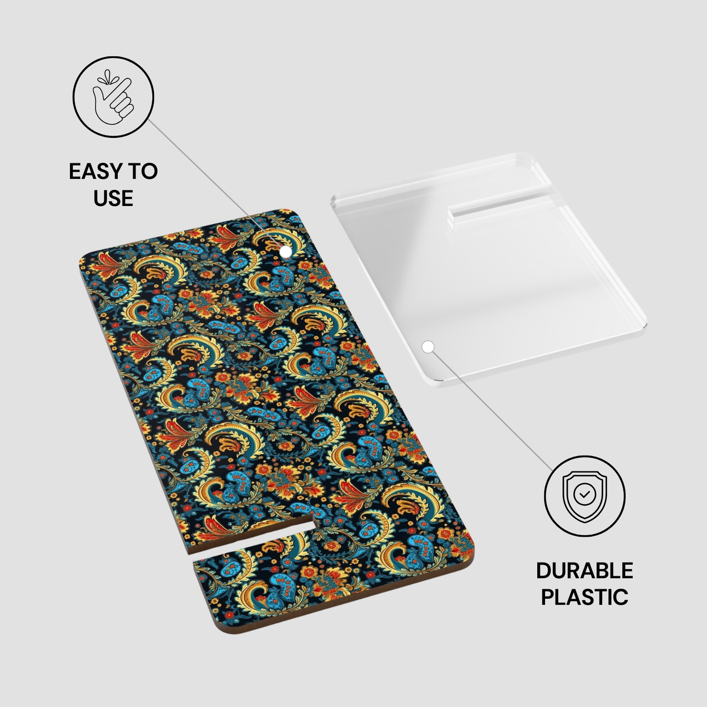 Colorful patterned phone case with text 'Easy to use' and 'Durable plastic' on a white background