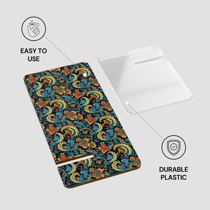 Colorful patterned phone case with text 'Easy to use' and 'Durable plastic' on a white background