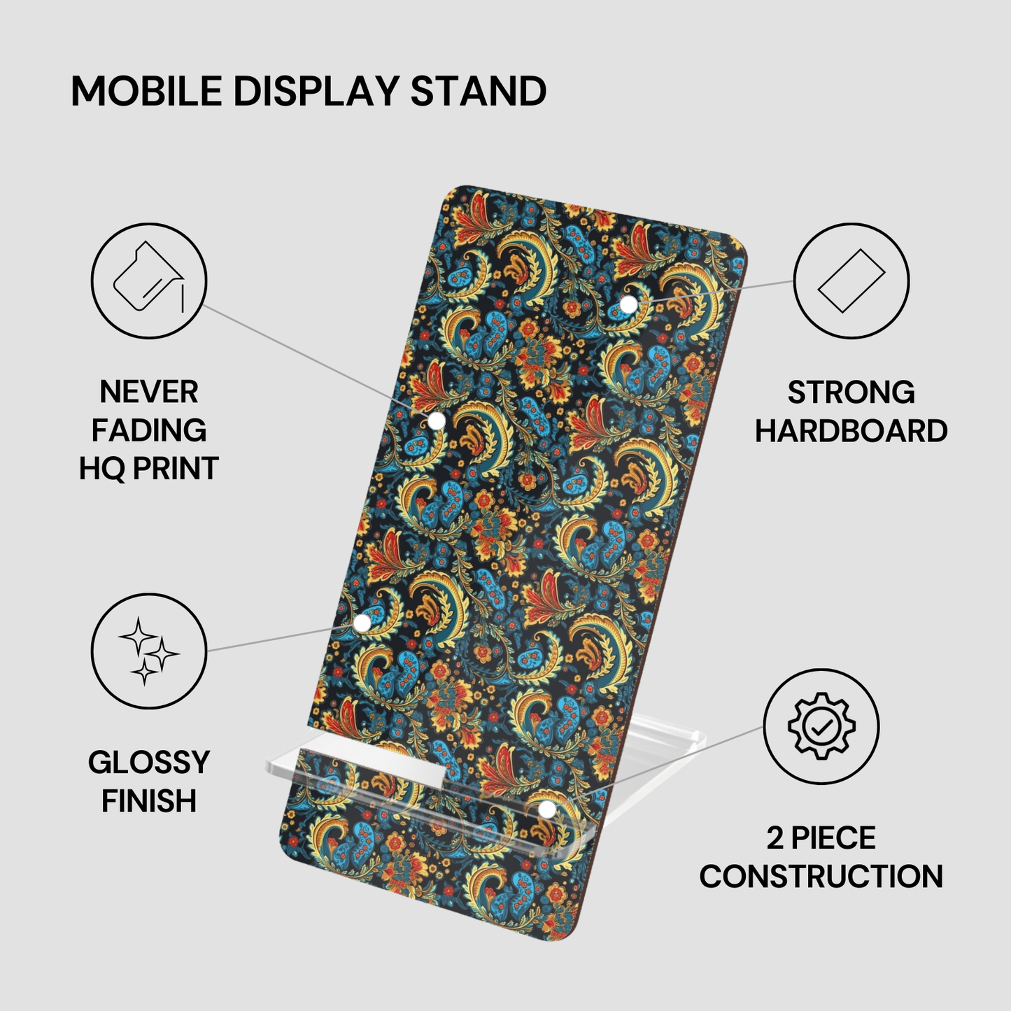 Decorative mobile display stand with floral pattern on a gray background