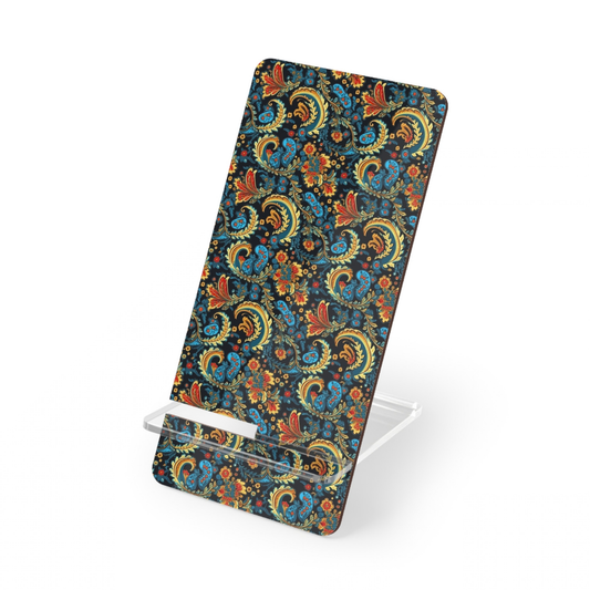 Phone stand with colorful paisley pattern on a white background