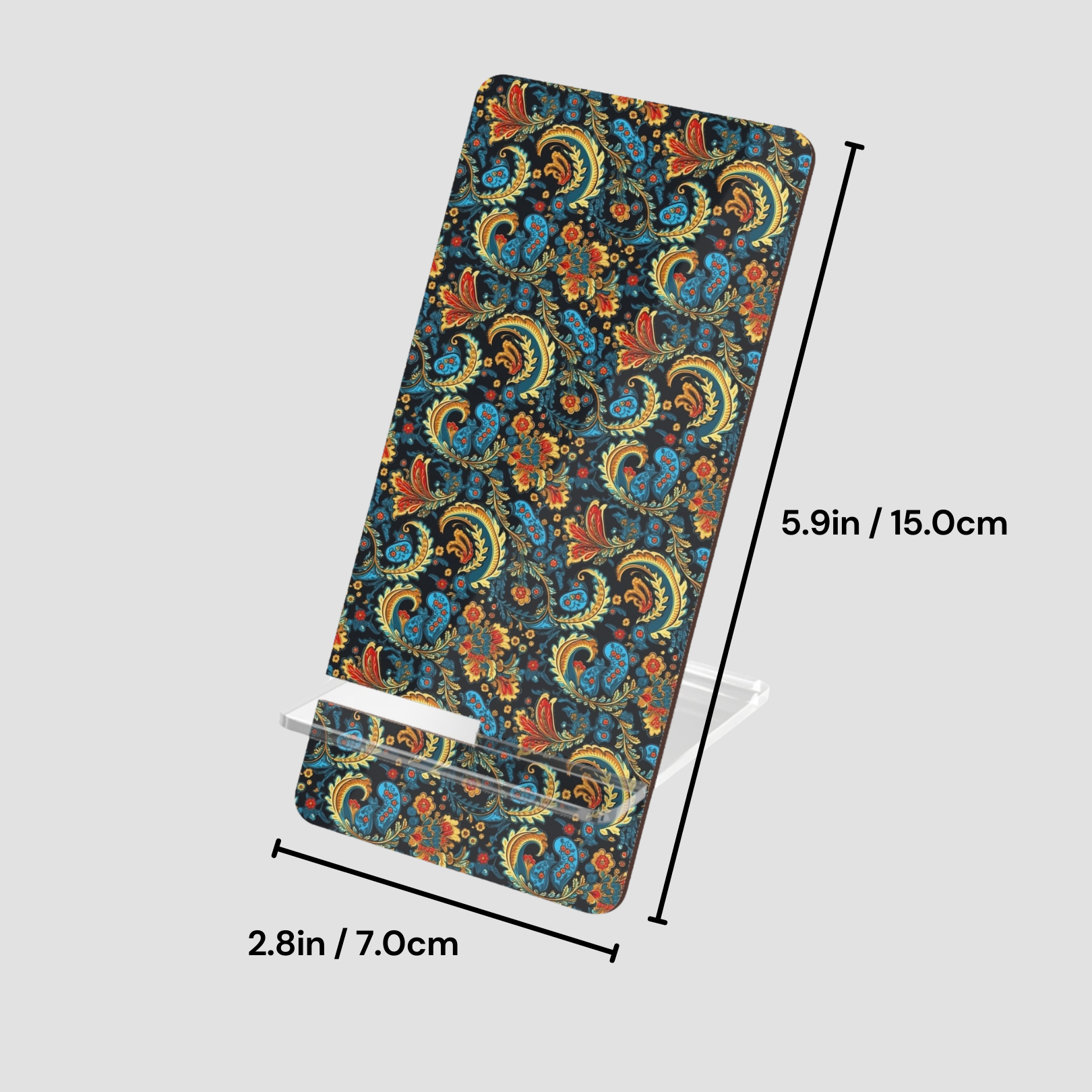 Yoga mat with a colorful paisley pattern and measurements on a light gray background