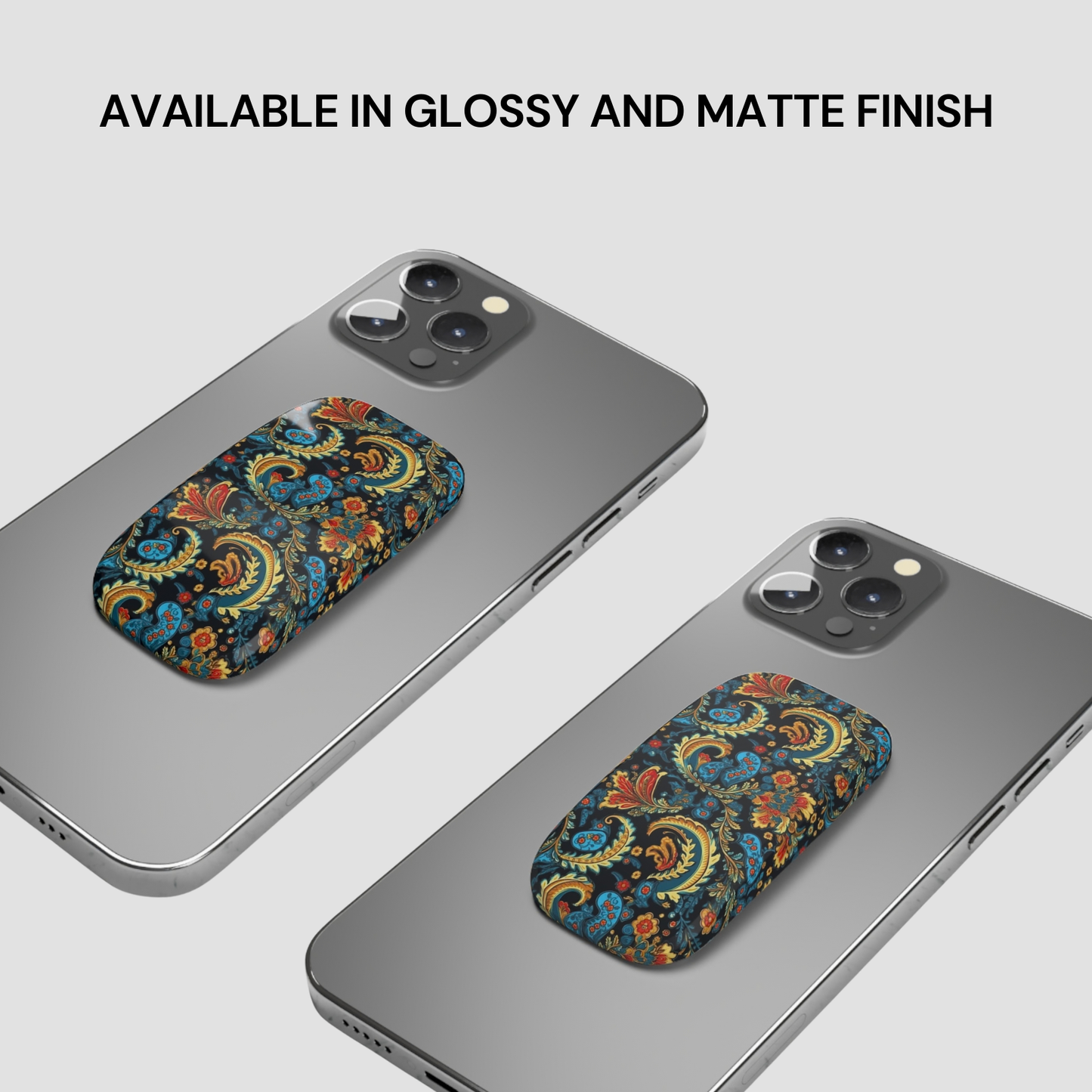 Two phone cases with a floral pattern on a gray background, with text indicating finish options.