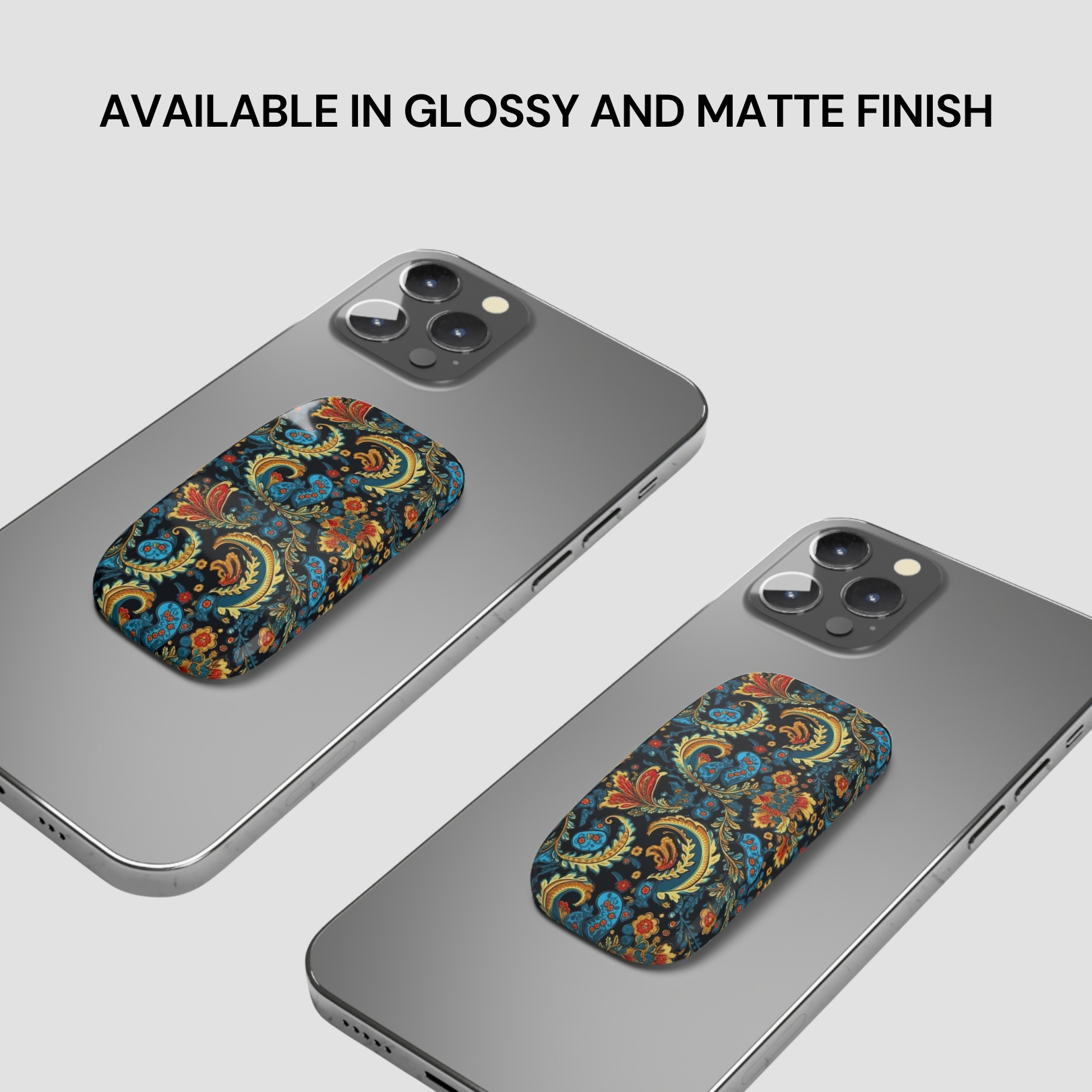 Two phone cases with a floral pattern on a gray background, with text indicating finish options.