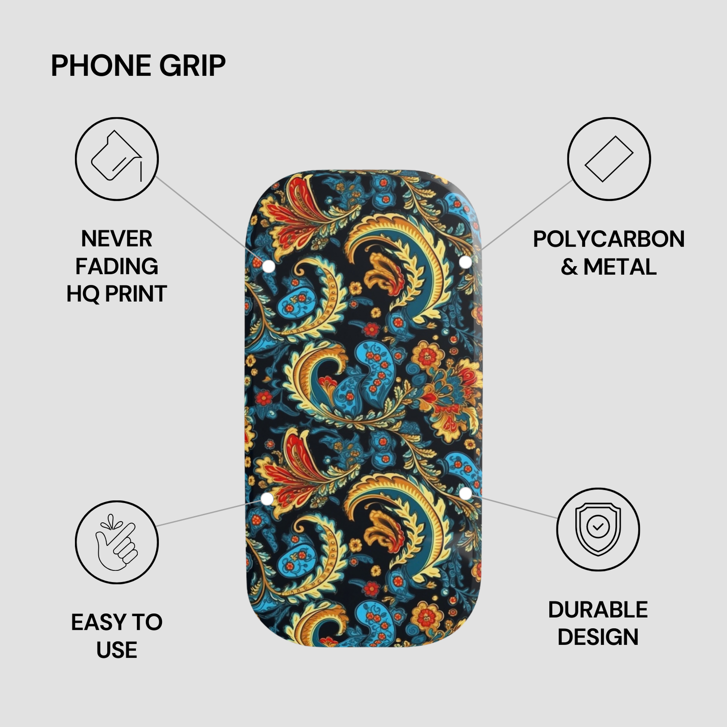 Phone grip with paisley design on a gray background, featuring text about product features.