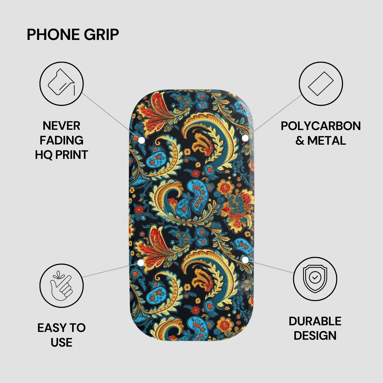 Phone grip with paisley design on a gray background, featuring text about product features.