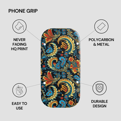 Phone grip with paisley design on a gray background, featuring text about product features.