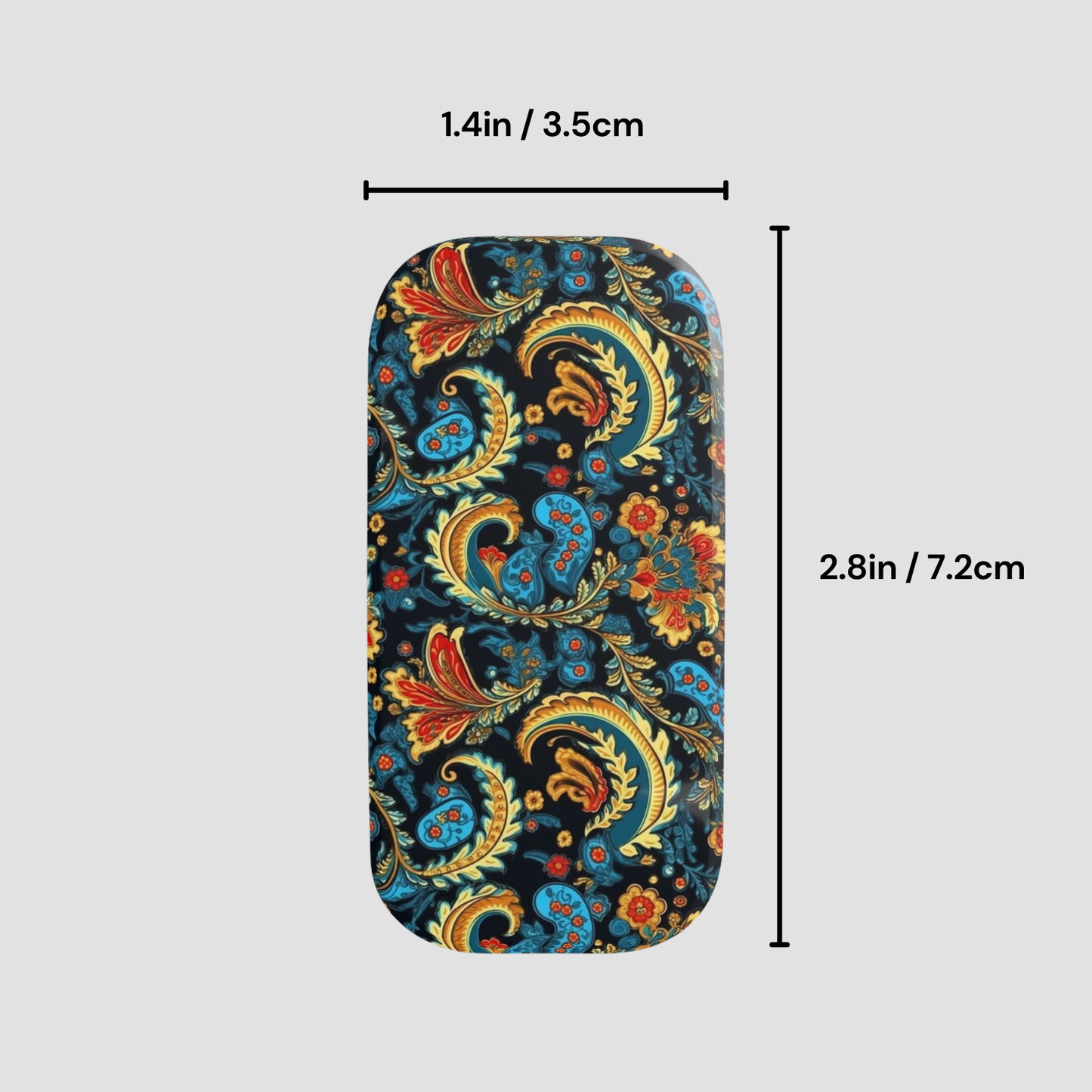 Patterned case with measurements on a light gray background