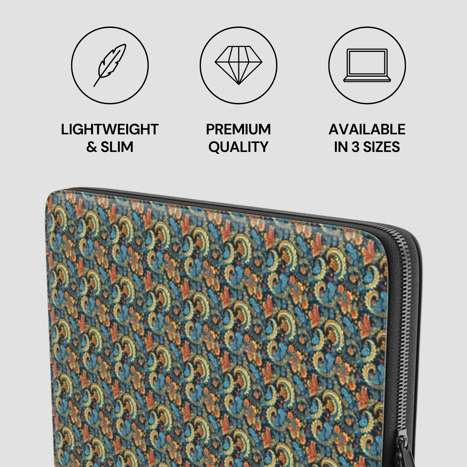 Patterned laptop sleeve with icons and text indicating features on a light gray background