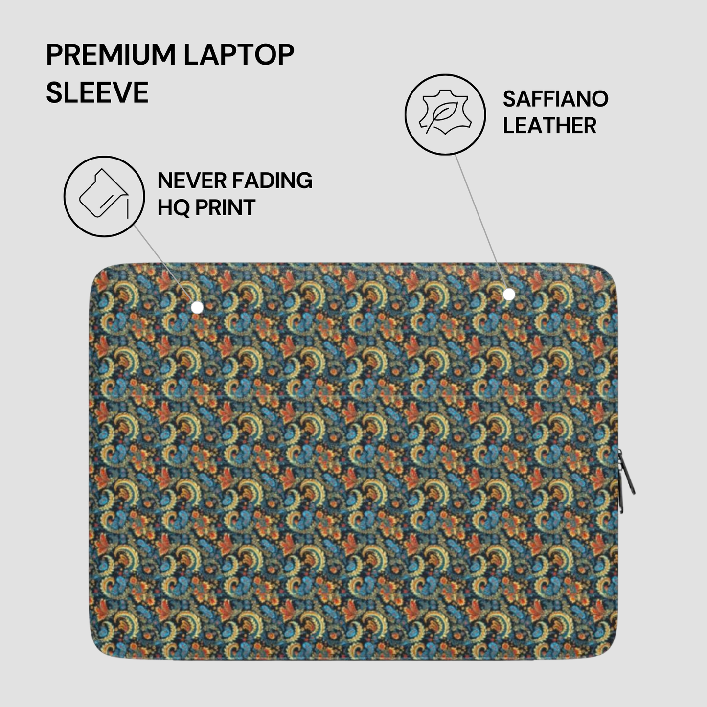 Patterned laptop sleeve with saffiano leather finish on a light gray background