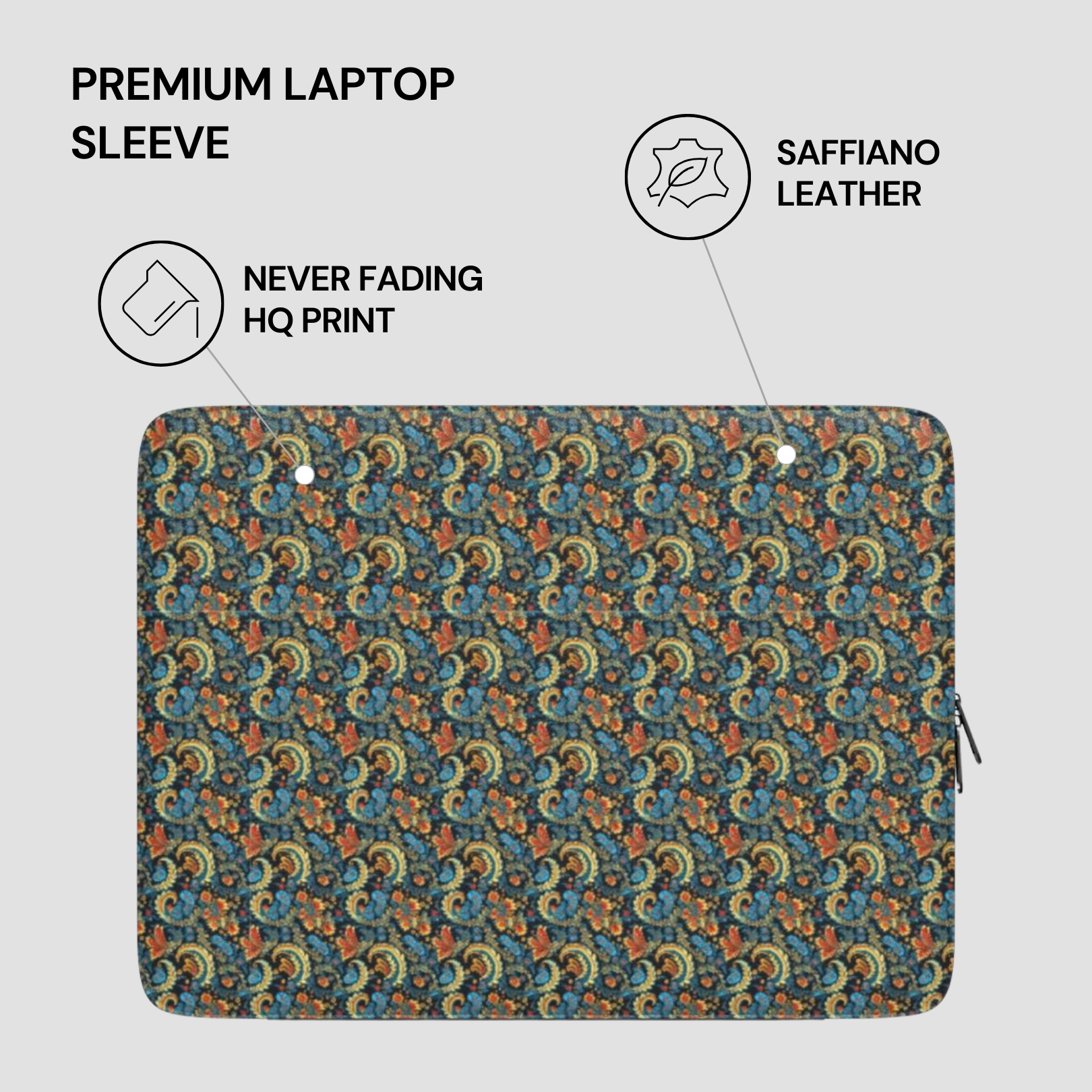 Patterned laptop sleeve with saffiano leather finish on a light gray background
