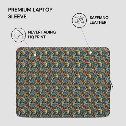 Patterned laptop sleeve with saffiano leather finish on a light gray background