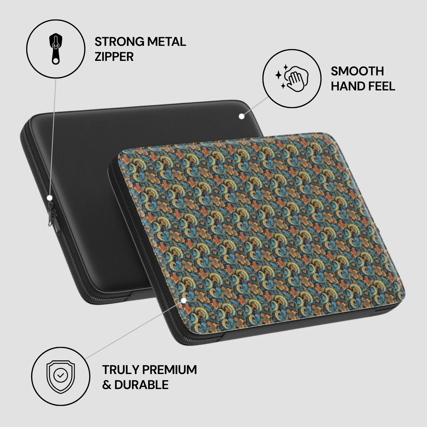 Patterned laptop sleeve with features highlighted on a light gray background