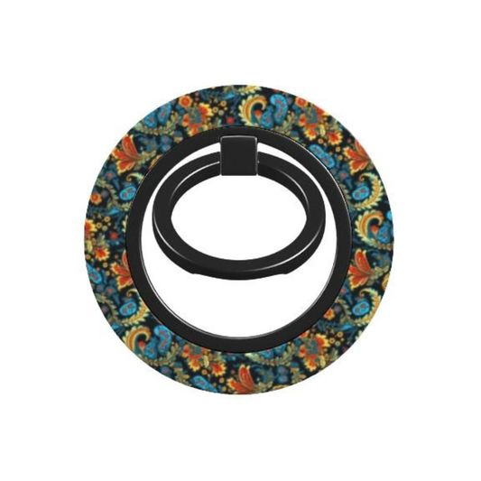 Decorative phone ring holder with colorful paisley pattern on a white background