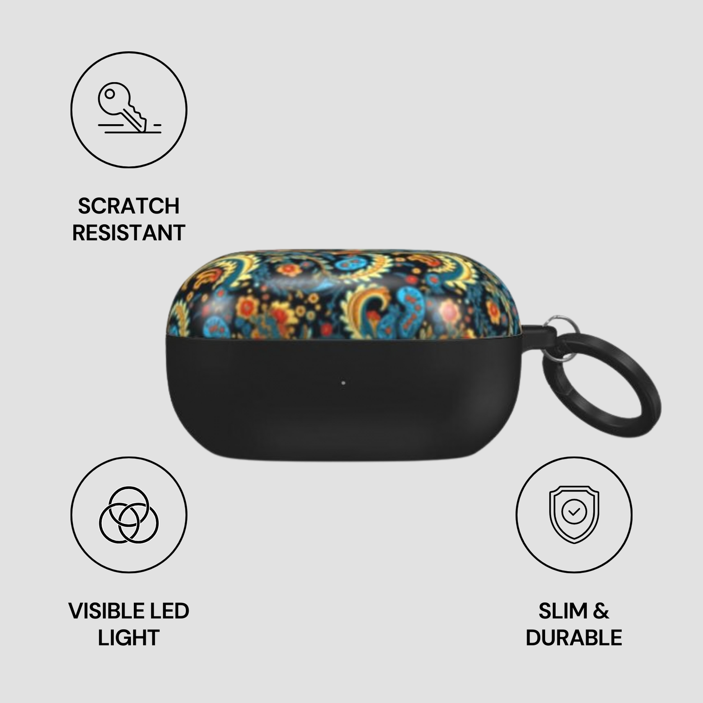 Black case with colorful pattern on a gray background, featuring icons and text about case features.