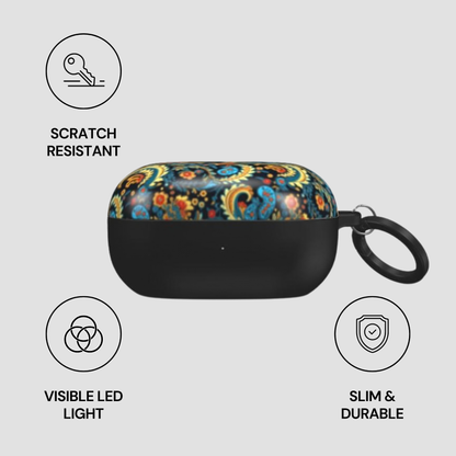 Black case with colorful pattern on a gray background, featuring icons and text about case features.