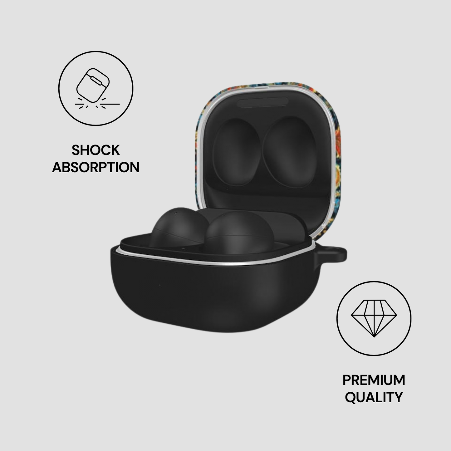 Black earbuds in a colorful case with 'Shock Absorption' and 'Premium Quality' icons on a light gray background.